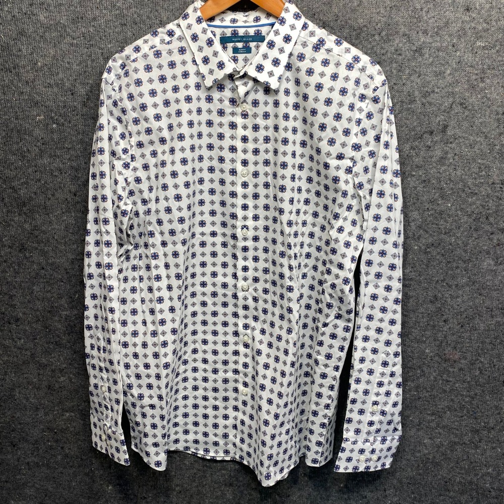 Perry Ellis Mens Slim Fit Stretch Shirt XL White Blue Red Geometric Medallion